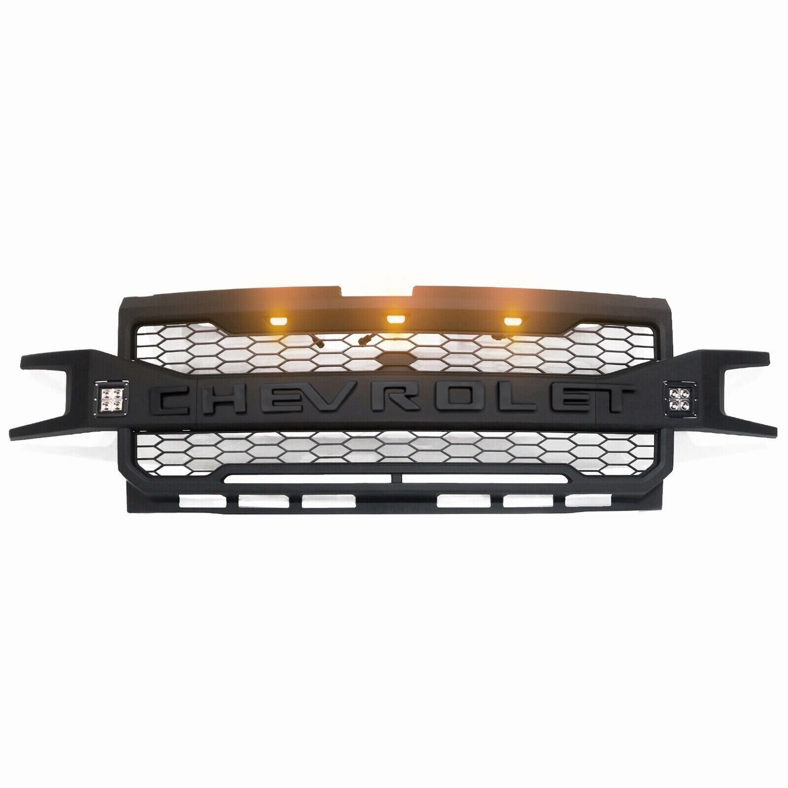 For 2019 2020 Chevrolet Silverado 1500 Front Grille Grill With 3+2 LED Light Matte Black